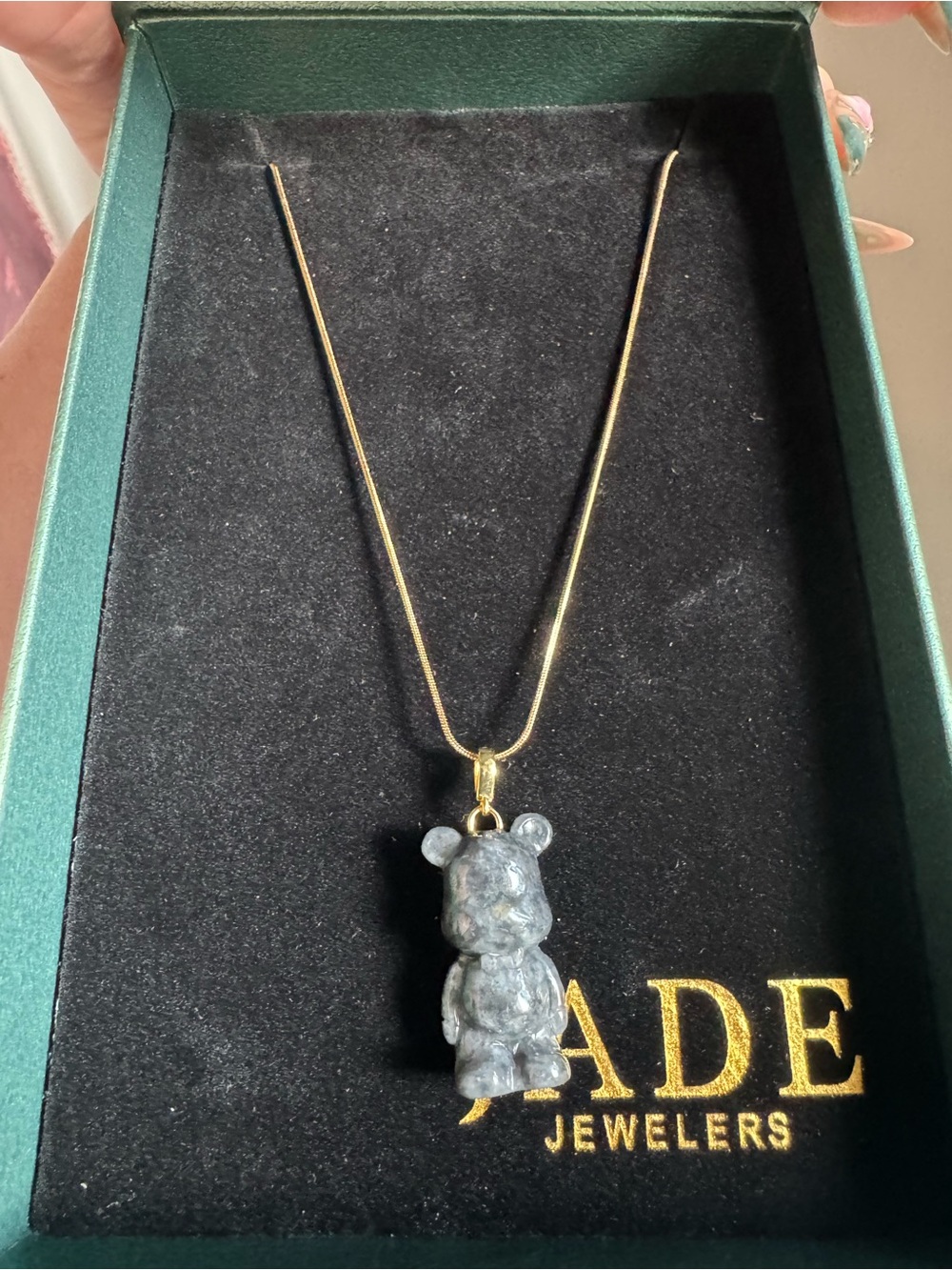 Gold Chain Necklace with Gray Teddy Bearbrick Genuine Jade Pendant
